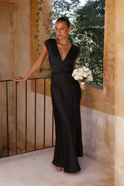Satin Wrap V-Neck Cap Sleeve Draped Waist Column Maxi Gown