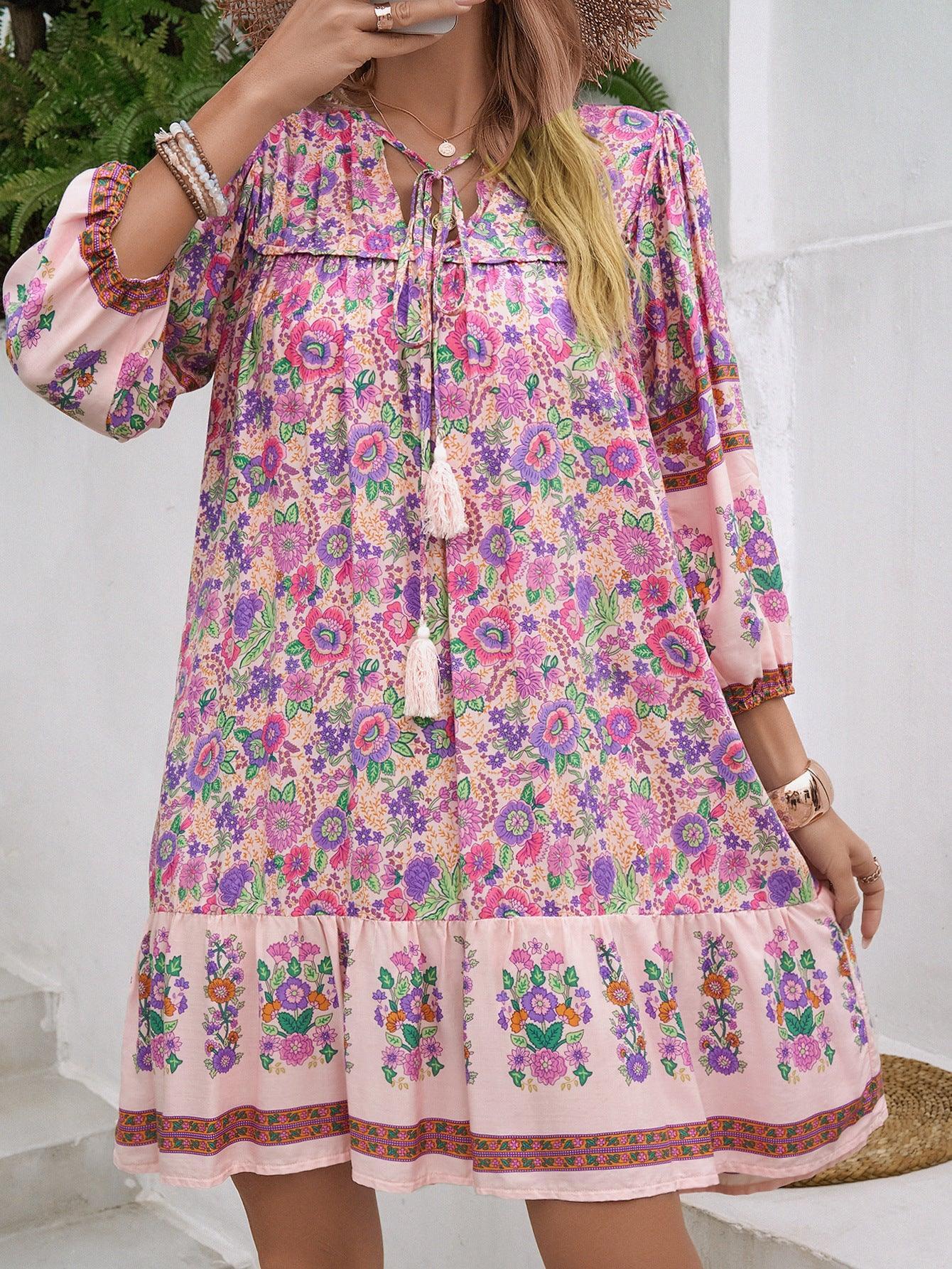 Floral Boho Mini Summer Dress with Tassels
