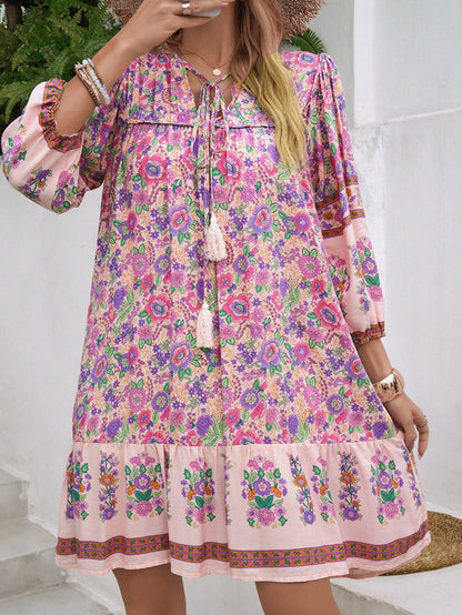Floral Boho Mini Summer Dress with Tassels