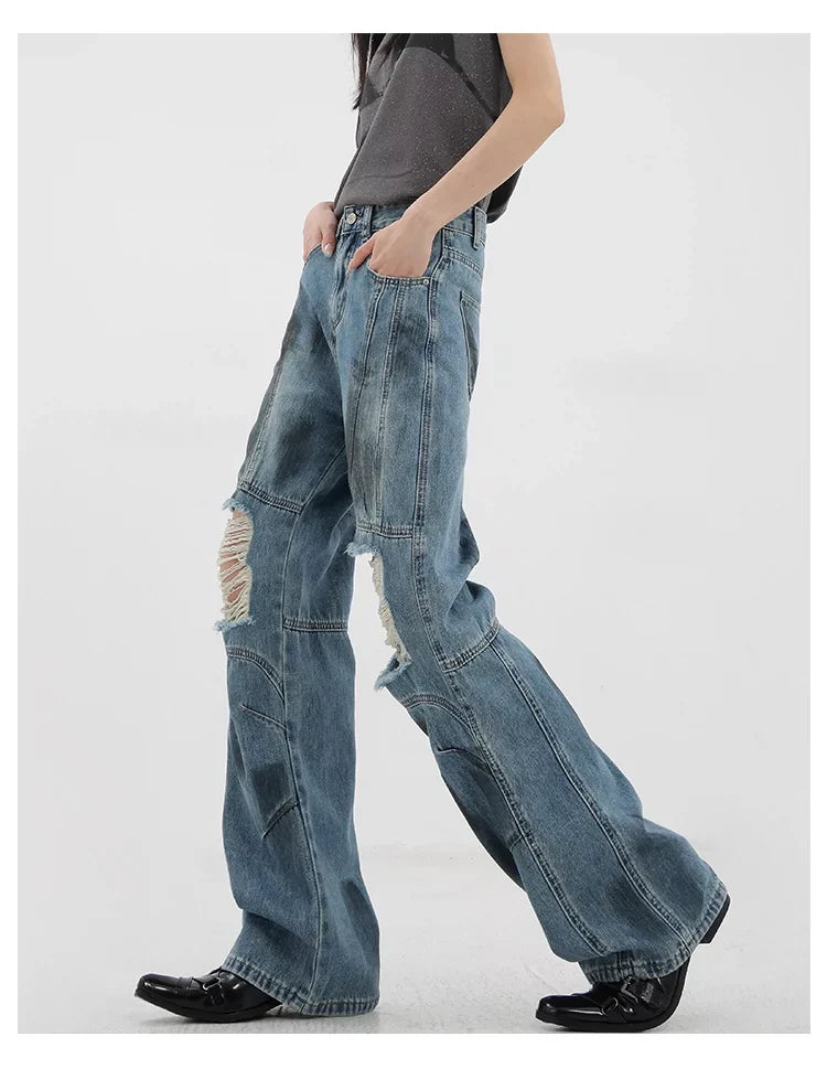 Vintage Distressed And Dirt-Dyed Patchwork Wide-Leg Jeans