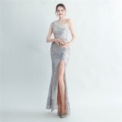 High Density Lamination Sequin Craft Order Ostrich Hair Beaded Oblique Shoulder High End Evening Dress