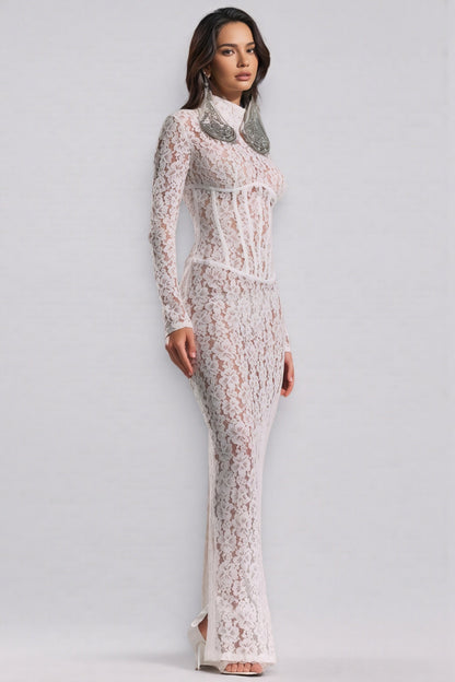 Davina White Lace Floral Maxi Dress