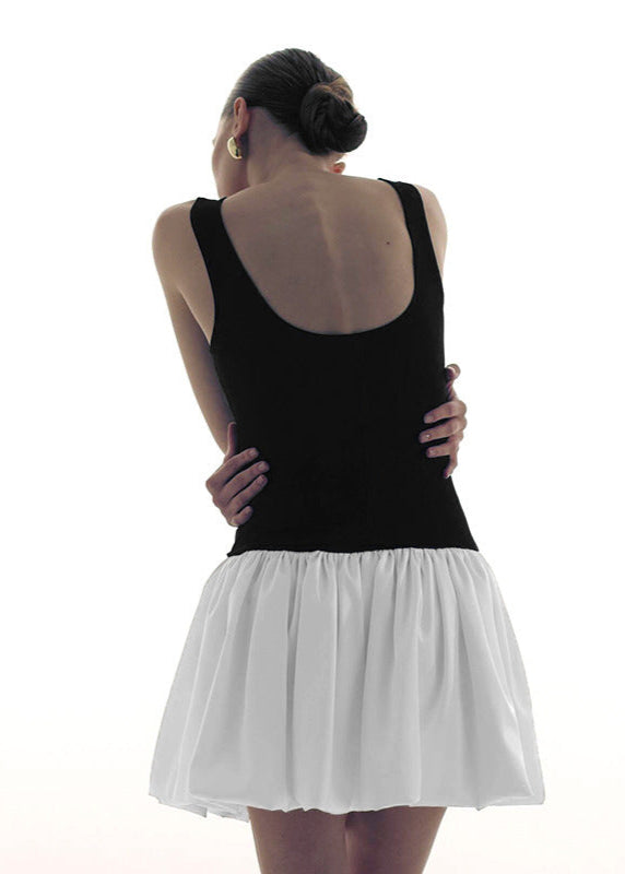 Scoop Neck Colorblock Knit Bodice Gathered Skirt Fit and Flare Mini Dress