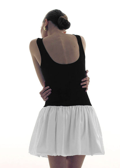 Scoop Neck Colorblock Knit Bodice Gathered Skirt Fit and Flare Mini Dress