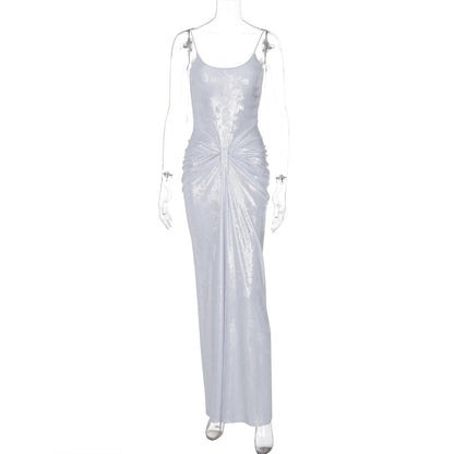Adult Lady like Woman Crumpled Twisted Tight Waist Tall Slim Long Sling Dress