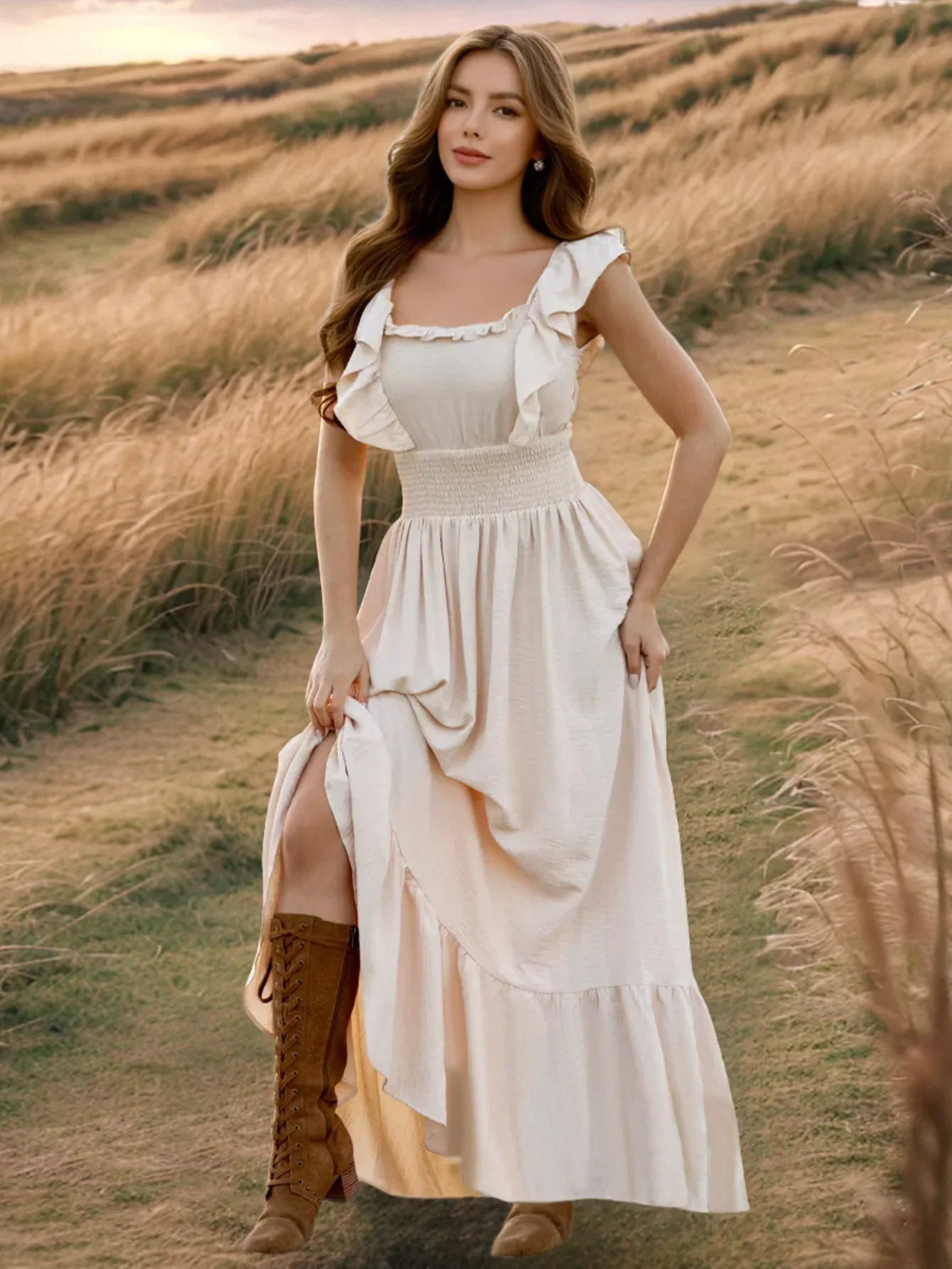 Beige Maxi Dress for Petite Women with Ruffle Sleeves