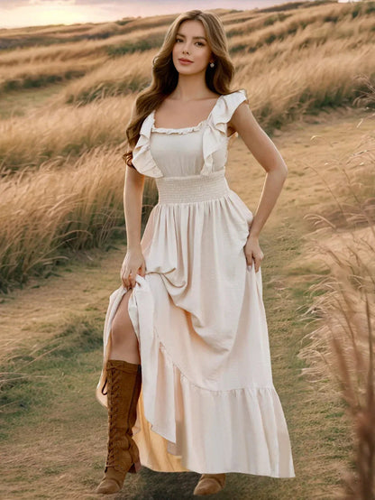Beige Maxi Dress for Petite Women with Ruffle Sleeves