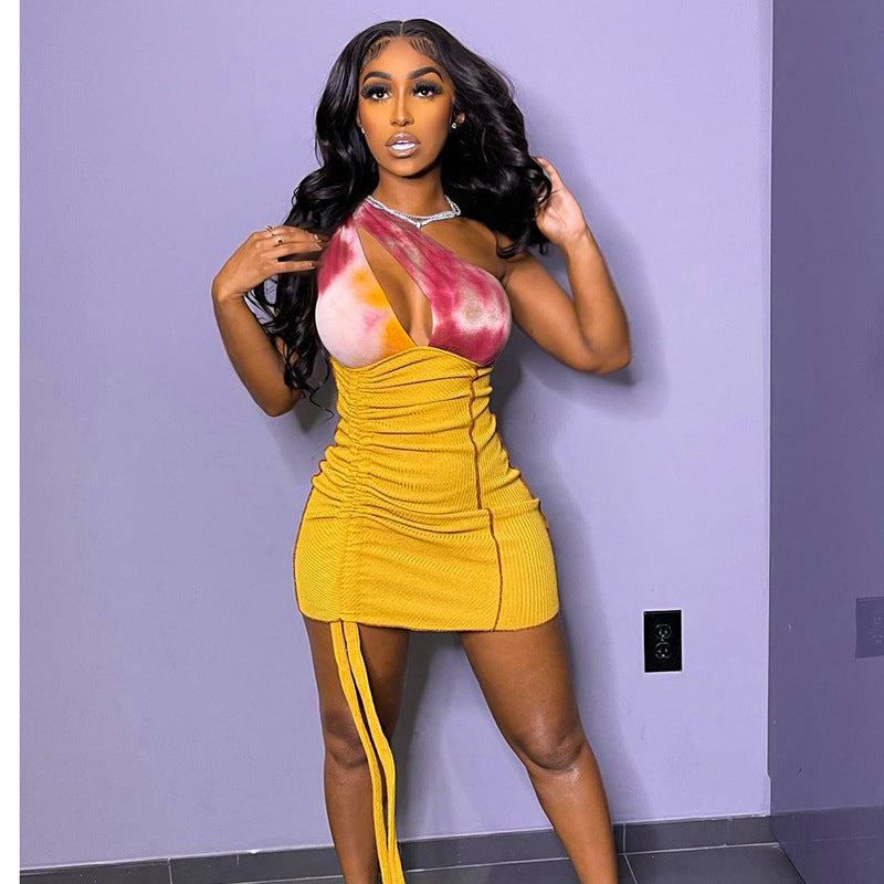 One Shoulder Tie Dye Print Panel Ribbed Ruched Drawstring Side Bodycon Mini Dress