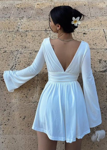 Deep V Neck Bell Sleeve Ruched Waist Wrap Fit and Flare Mini Dress