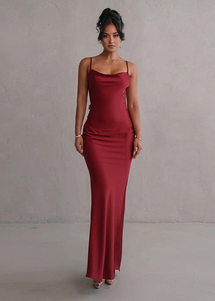 Satin Open Back Floral Rosette One-Shoulder Strap Floor-Length Gown