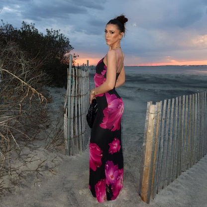 Large-Scale Floral Print Spaghetti Strap Bodycon Maxi Dress