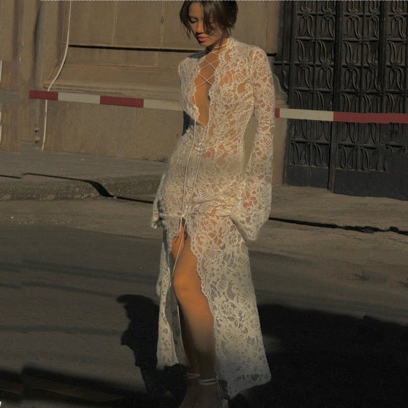 Garcelle Floral Lace Lace-up Long Bell Sleeve Slit Midi Dress