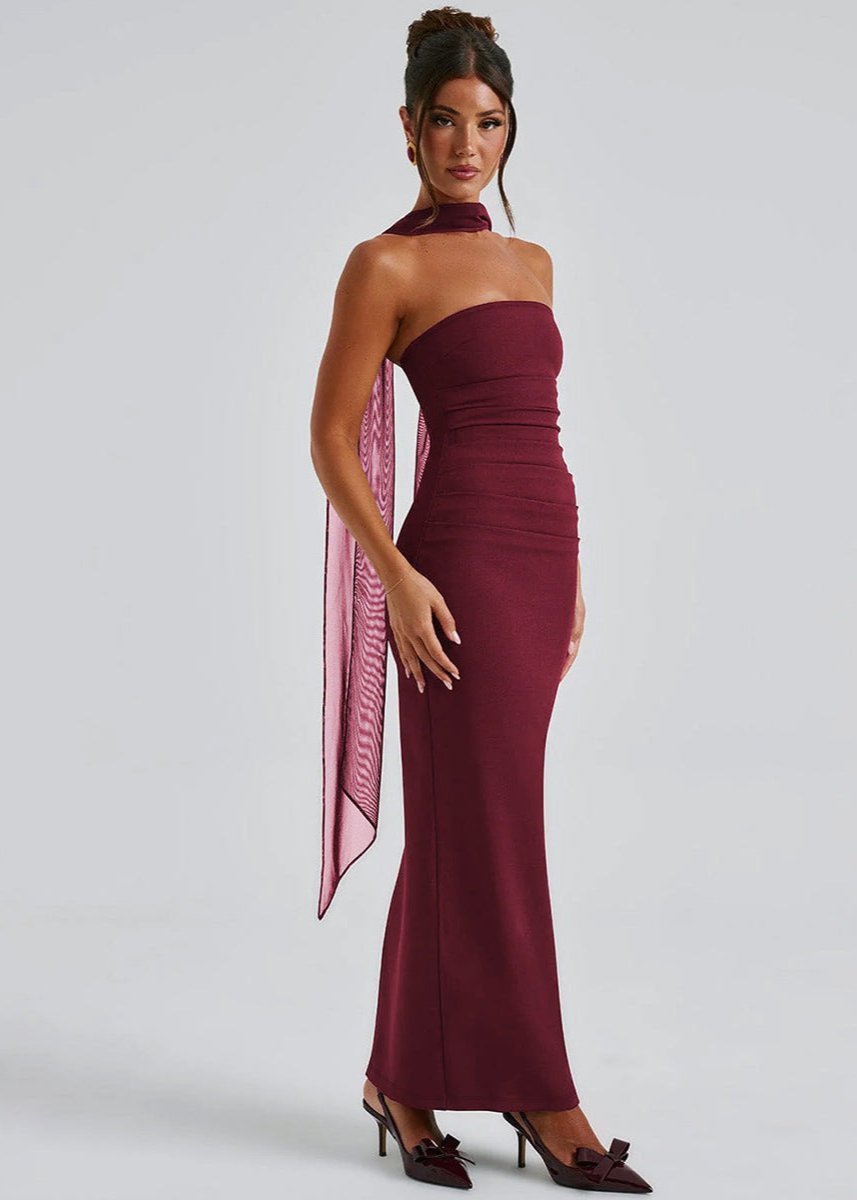 Strapless Horizontal Ruched Band Neck Scarf Detail Bodycon Maxi Dress