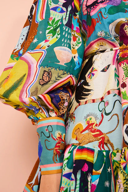 Touch of Luxury Unique Print Balloon Sleeve Button Shirt Mini Dress