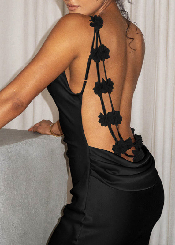 Satin Open Back Floral Rosette One-Shoulder Strap Floor-Length Gown