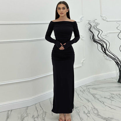 off the Shoulder off Neck Tight Pleated Side Split Dress