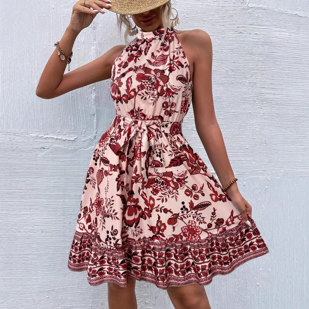 Botanical Floral Print Ruffle Halter Neck Tie Waist Border Hem Mini Dress