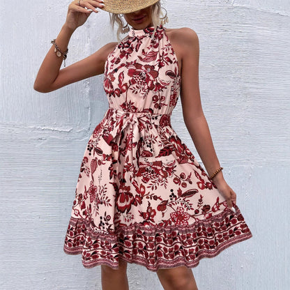 Botanical Floral Print Ruffle Halter Neck Tie Waist Border Hem Mini Dress