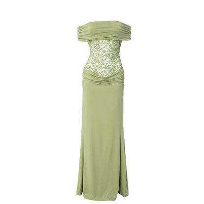 Women's Spring/Summer New Solid Color Off Shoulder Splicing Lace Extra Long Slimming Dress