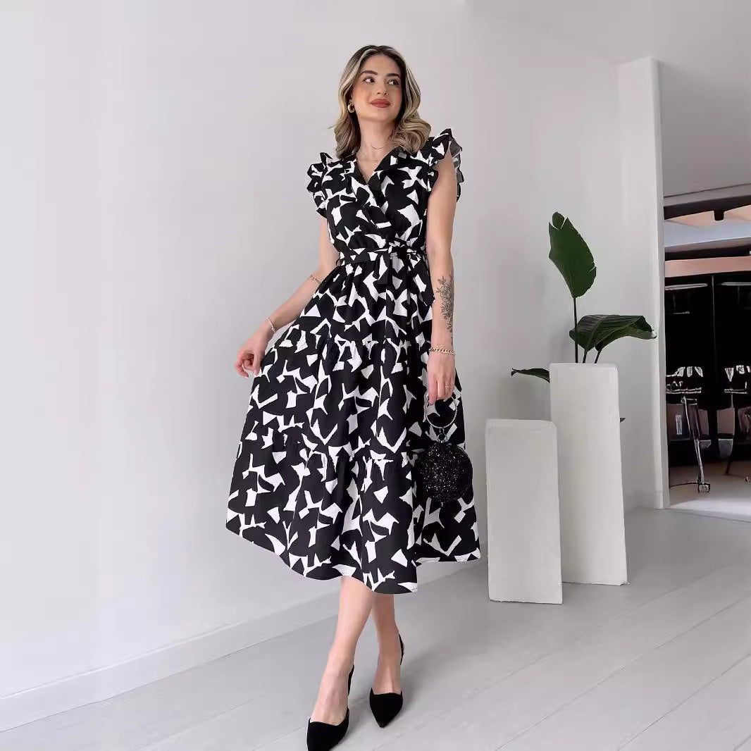 Deep V-Neck Flutter Sleeve Tie Waist Tiered Abstract Geo Print Wrap Midi Dress