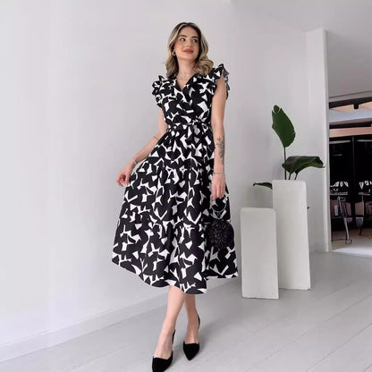 Deep V-Neck Flutter Sleeve Tie Waist Tiered Abstract Geo Print Wrap Midi Dress
