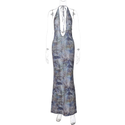Printed Backless Slim Fit Split Lace up Dress