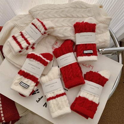 Red Striped Cashmere Blend Warm Mid Calf Socks