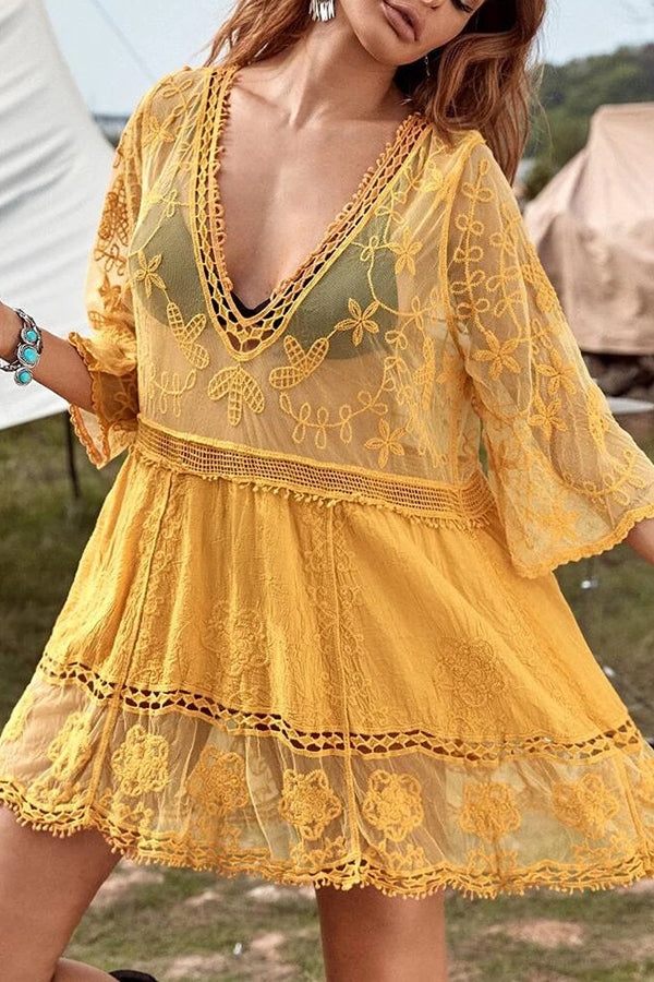 Lace V Neck Hollow Short Sleeved Cover Up