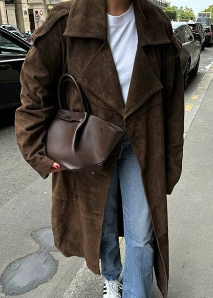 Suede Belted Long Trench Coat – Oversized Double-Breasted Brown Jacket