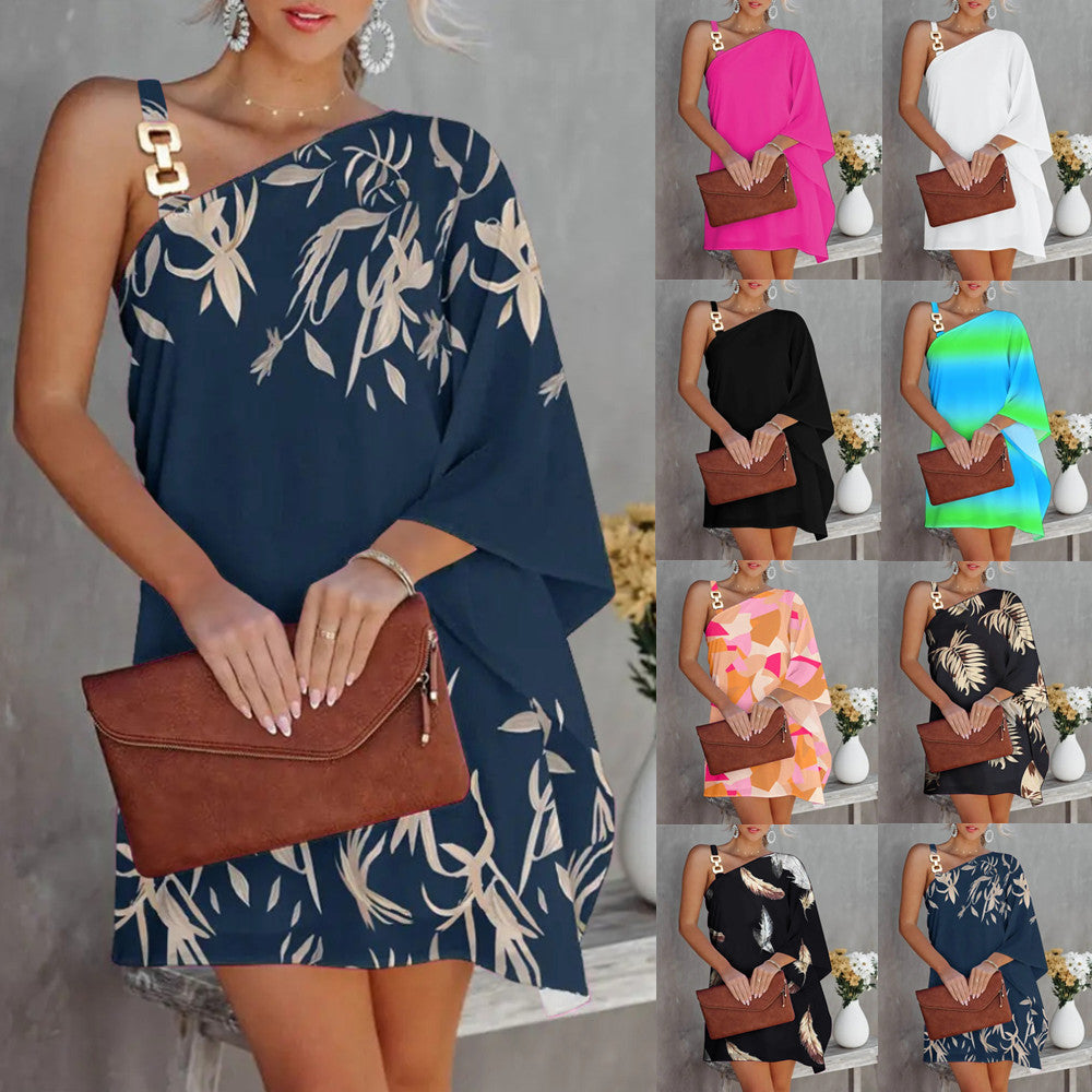 Ombre Stripe One-Shoulder Chain Strap Butterfly Cape Sleeve Mini Dress