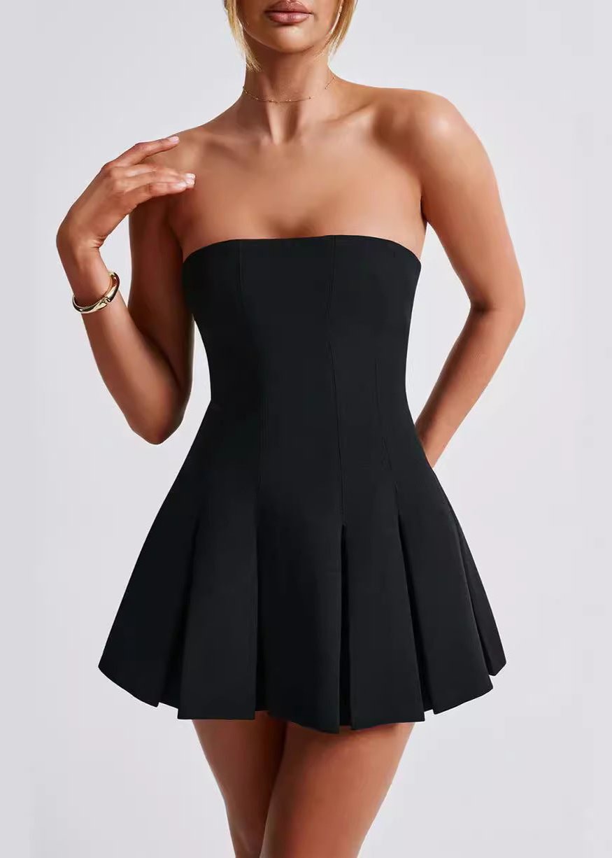 Strapless Princess Seam Box Pleated Fit and Flare Mini Dress
