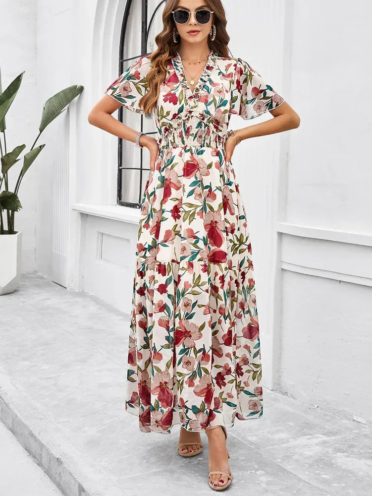 Women’s Casual Long Dress with Smocked Waist and Slit
