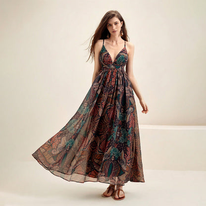 French Elegant Vacation Dress Printed V neck Seaside Strap Dress