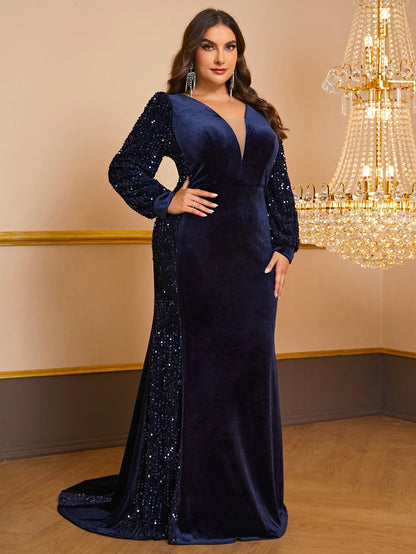 Plus Size Dress Velvet Sequined Lantern Sleeve Elegant Graceful Fishtail Evening