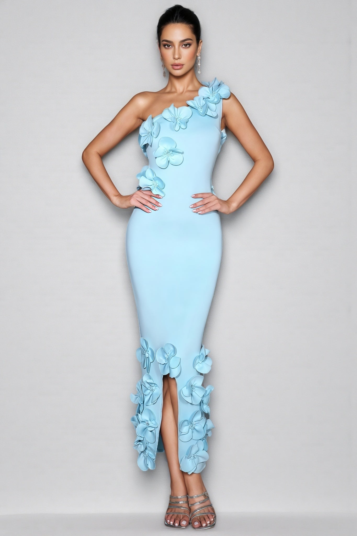 Tamarah Blue One-Shoulder 3D Floral Maxi Dress