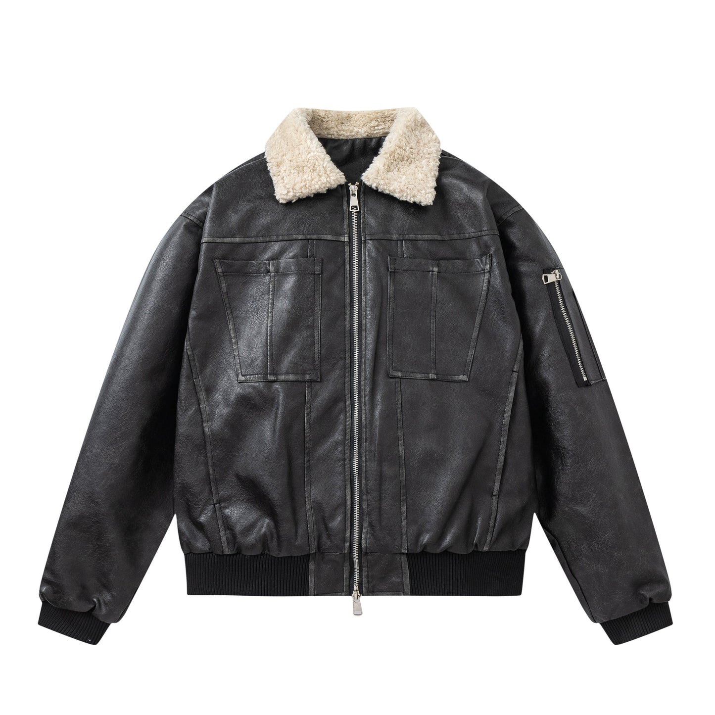 PU Leather Jacket with Lamb Wool Collar