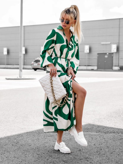 Printed Casual Lace up Shirt Dress Long Dress