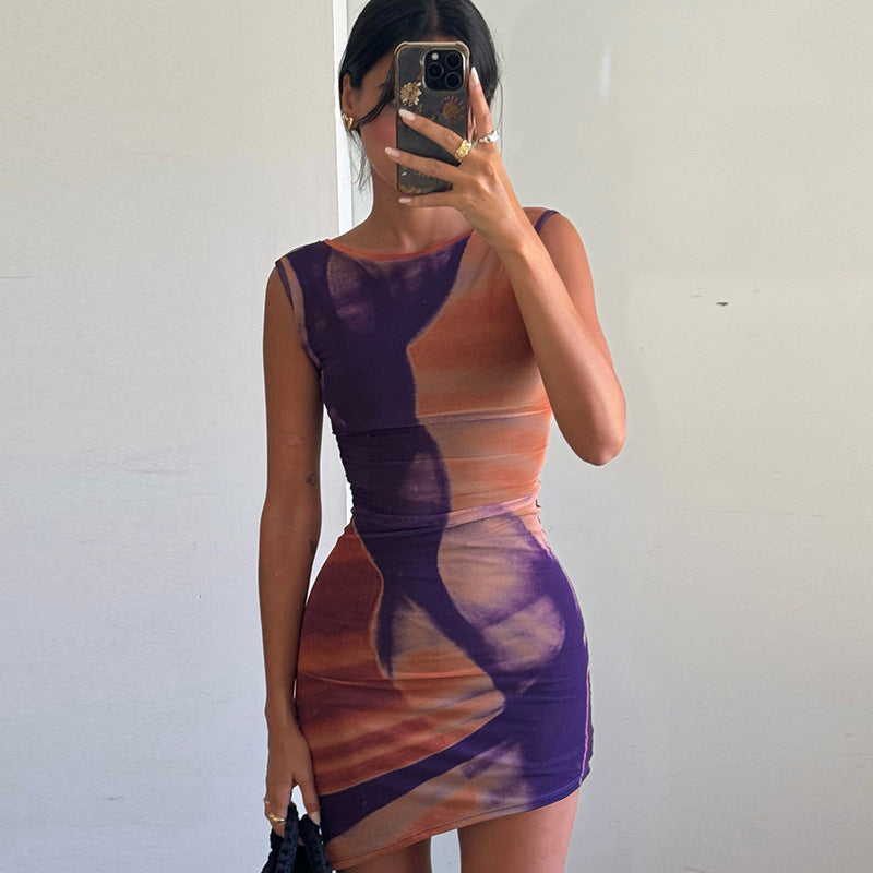 Fall Backless Slim Fit Round Neck Sheath Print Dress