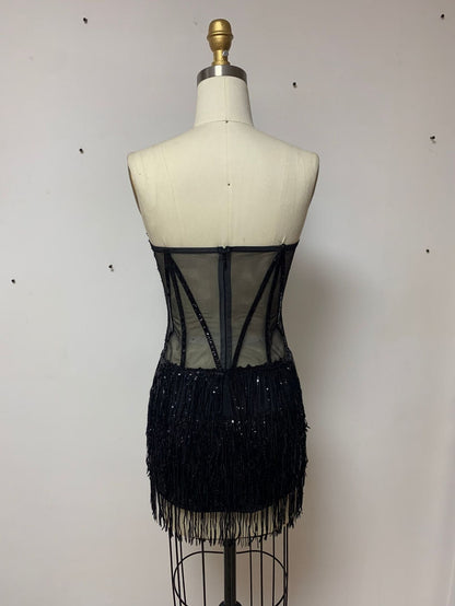 Black Tassel Dress Swing Heavy Embroidery Sequ Tight Dress Party Dress