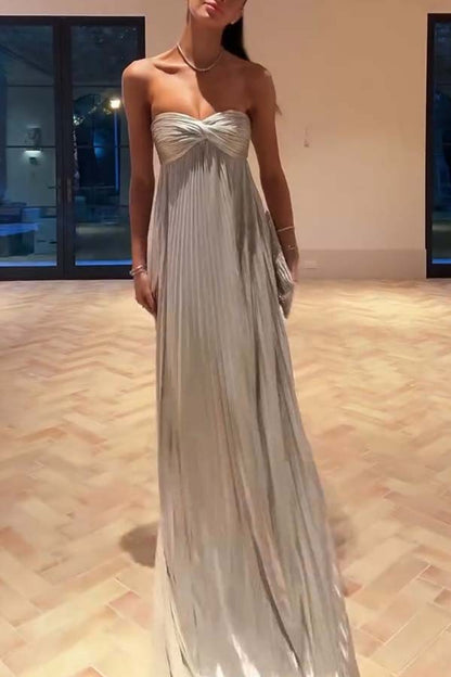 Night Elf Metallic Fabric Pleated Off Shoulder Twist Bust Slit Maxi Dress
