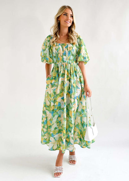Arrival Printed Square Collar Short Sleeve Waist Controlled Large Swing Dress for