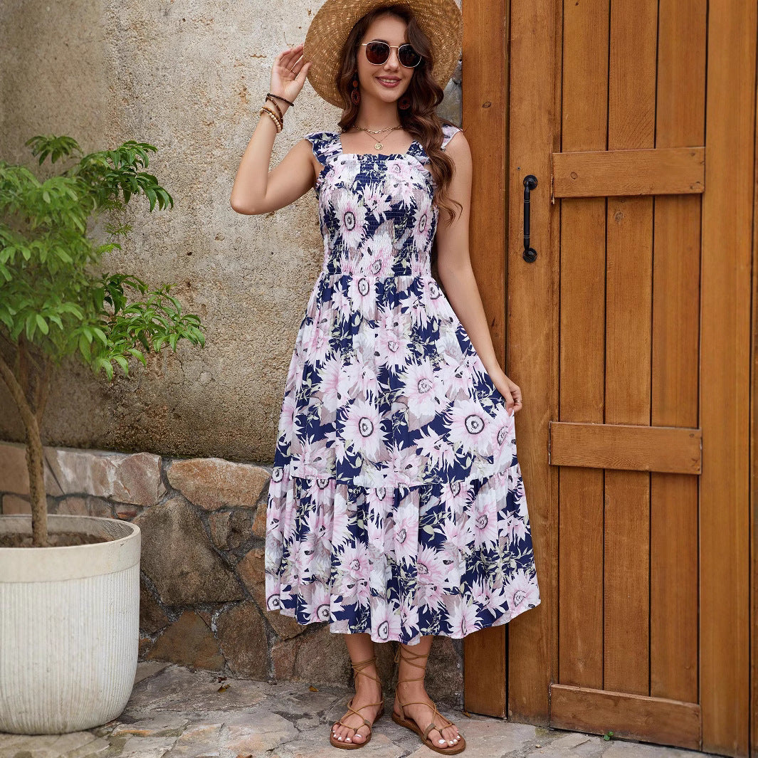 Large Floral Print Square Neck Smocked Bodice Ruffle Strap Tiered Midi Dress