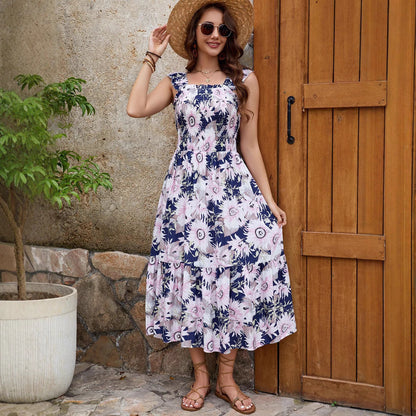 Large Floral Print Square Neck Smocked Bodice Ruffle Strap Tiered Midi Dress