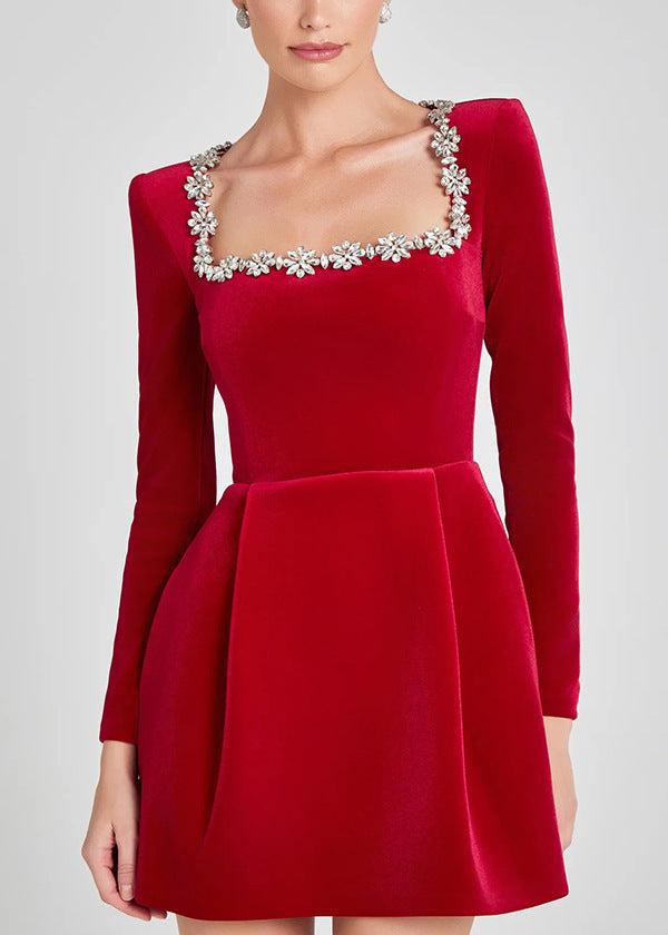 Crystal Floral Embellished Square Neck Velvet Long Sleeve Fit and Flare Mini Dress