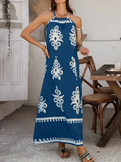 Blue Tribal Print Women Maxi Dress Summer Sundress