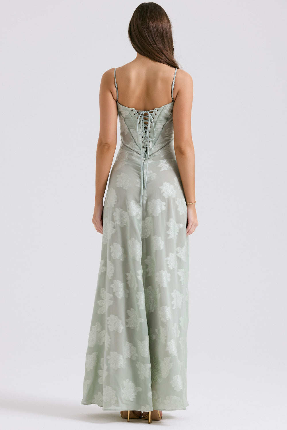 Floral Jacquard Corset Bodice Spaghetti Strap Lace-Up Back Floor-Length Gown