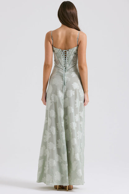 Floral Jacquard Corset Bodice Spaghetti Strap Lace-Up Back Floor-Length Gown