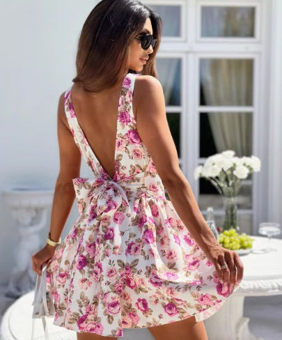 Tropical Botanical Print Square Neck Tie Back Open Back Fit and Flare Mini Dress