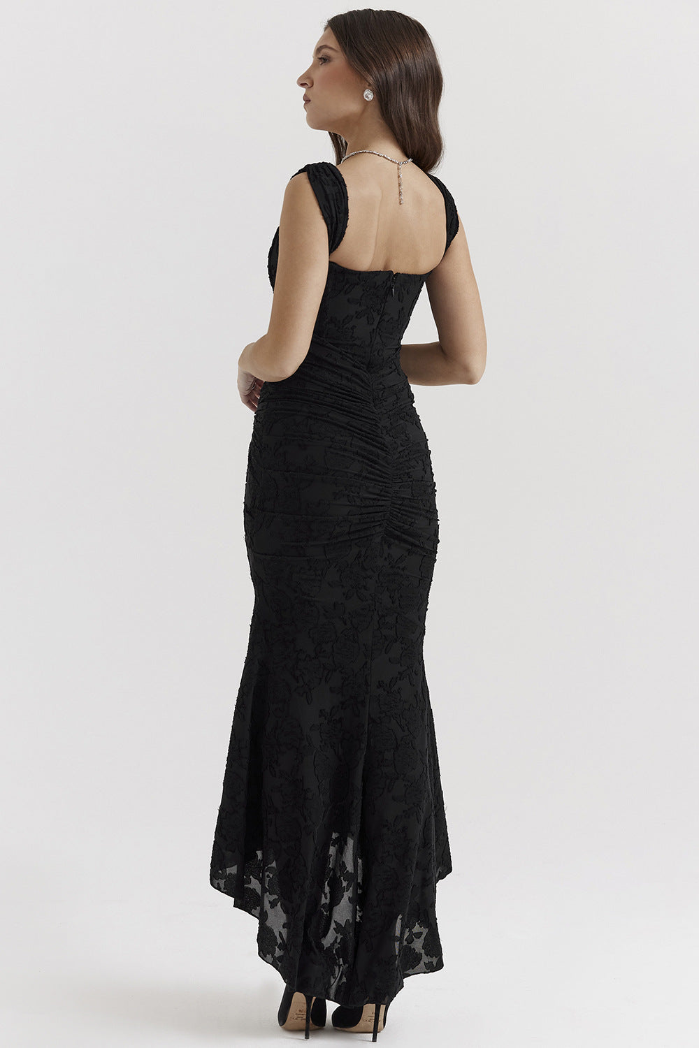 Square Neck Corset Ruched Jacquard High-Low Ruffle Maxi Dress