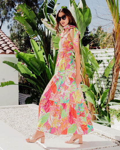 Square Neck Tie Shoulder Smocked Bodice Tiered Tropical Floral Maxi Dress